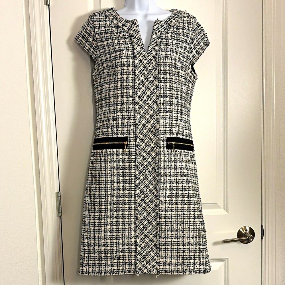 Karl Lagerfeld Paris Tweed Sheath Dress 8 Plaid Cap Sleeve Lined Zip old money